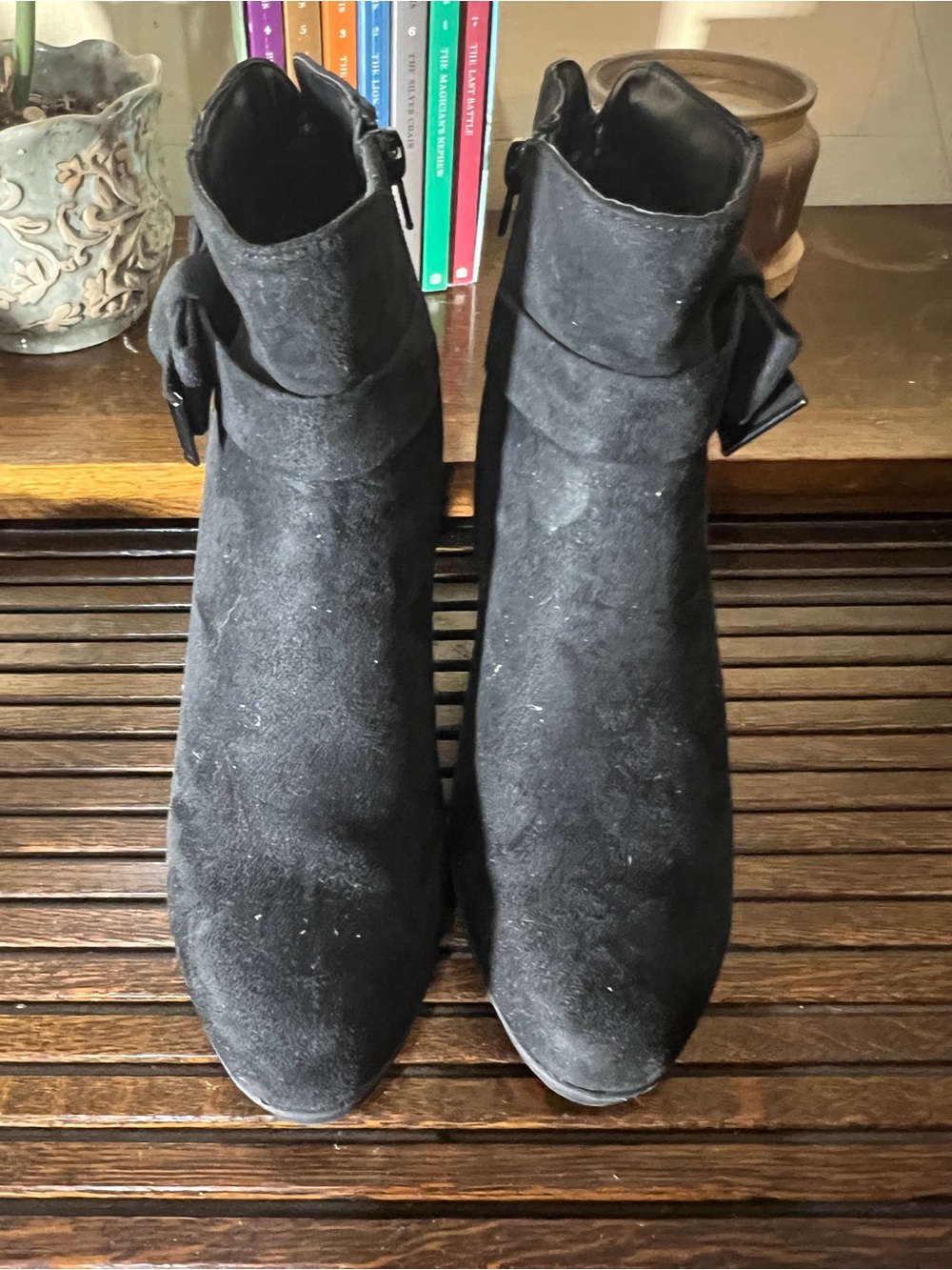 Skechers Black Suede Ankle Booties with Side Bow Accent